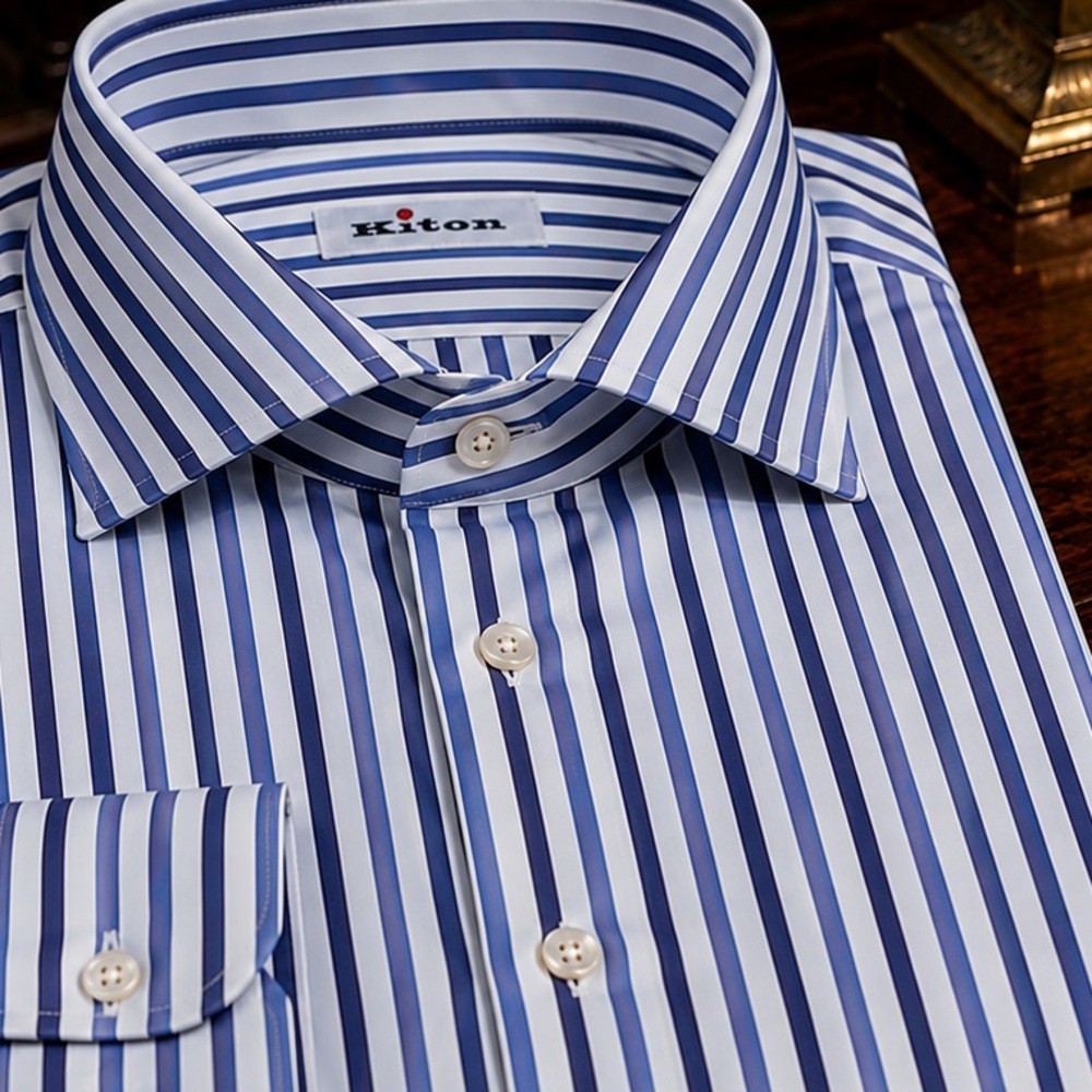 Kiton Blue and White Vertical Stripe Dress Shirt